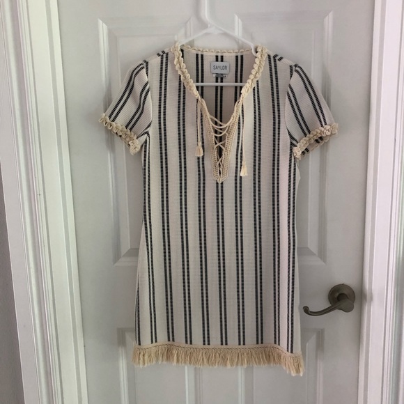 SAYLOR Dresses & Skirts - SAYLOR Cream and Black Striped Tassel-Trim Dress